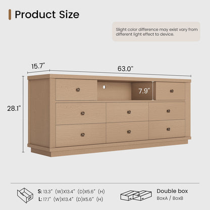 SUCSSRICH | 63" Wide Dresser TV Stand with 8 Drawers & Charging Station, Wood Storage Cabinet (White Oak)