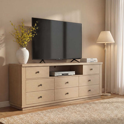 SUCSSRICH | 63" Wide Dresser TV Stand with 8 Drawers & Charging Station, Wood Storage Cabinet (White Oak)